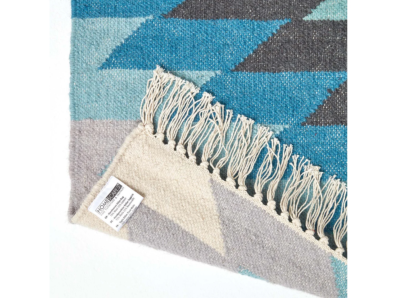 Homescapes Helsinki Handwoven Geometric Pattern Blue Grey and Cream Kilim Wool Rug, 90 x 150 cm