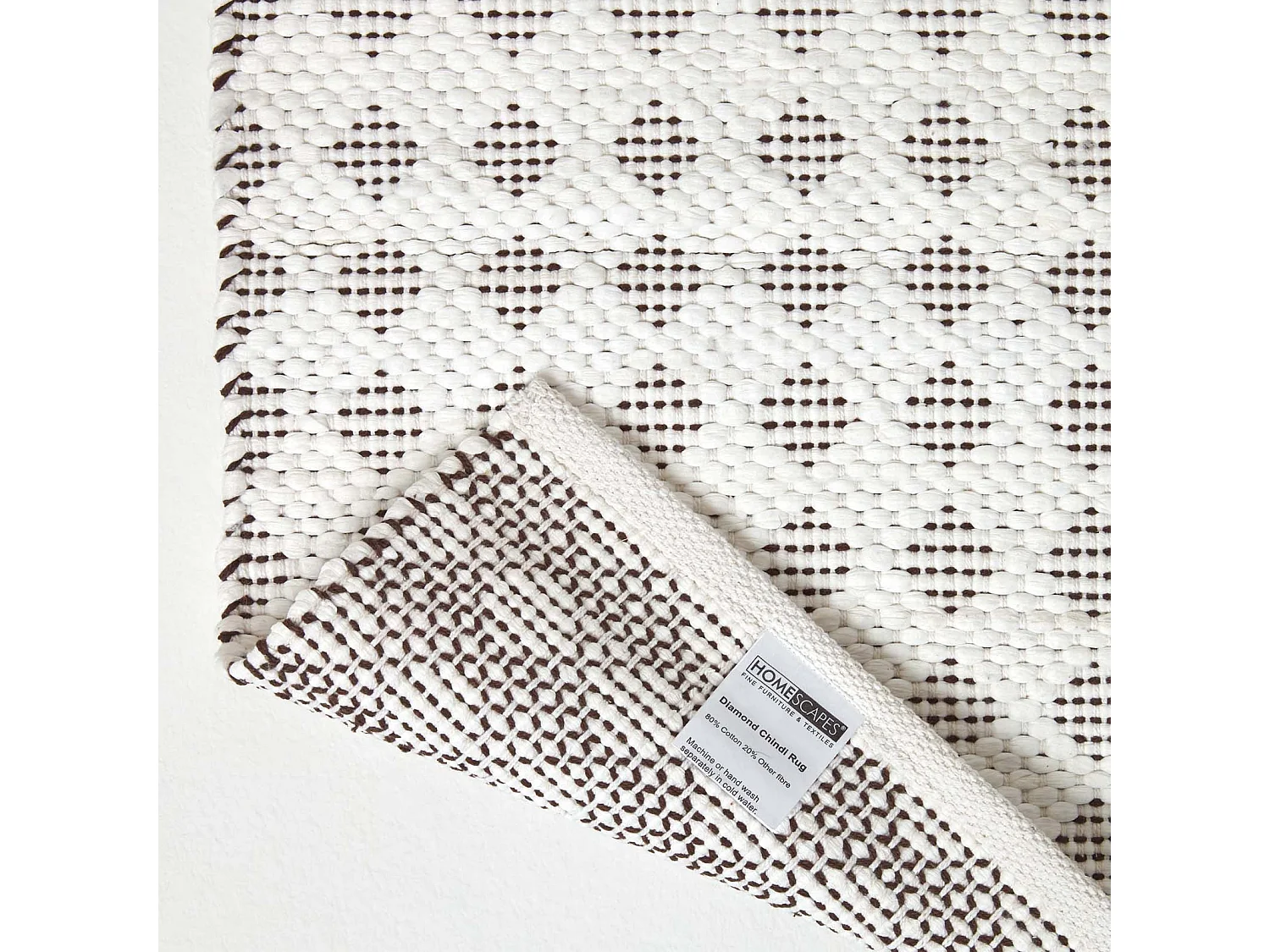 Homescapes White Geometric Black Diamond Chindi Rug, 150 x 240 cm