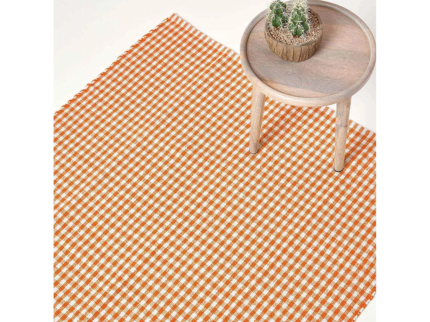 Homescapes Cotton Gingham Check Rug Hand Woven Orange White, 70 x 120 cm