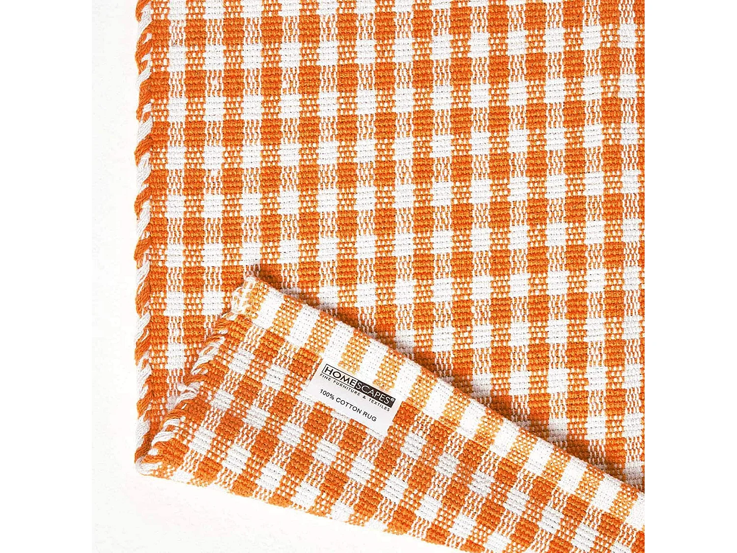 Homescapes Cotton Gingham Check Rug Hand Woven Orange White, 70 x 120 cm