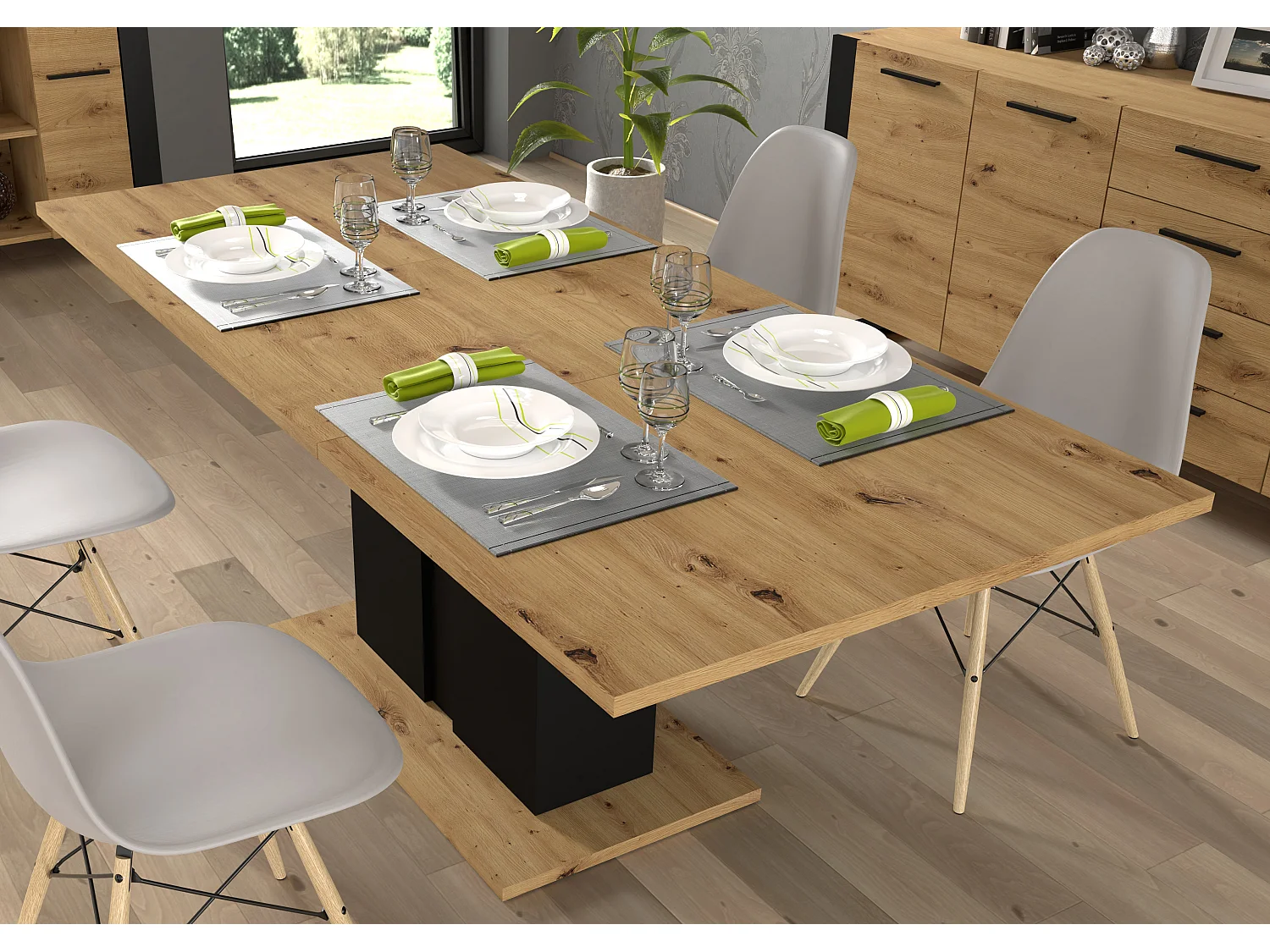 Table à manger extensible 1 pied 4 à 8 places Nouka Bois et Noir
