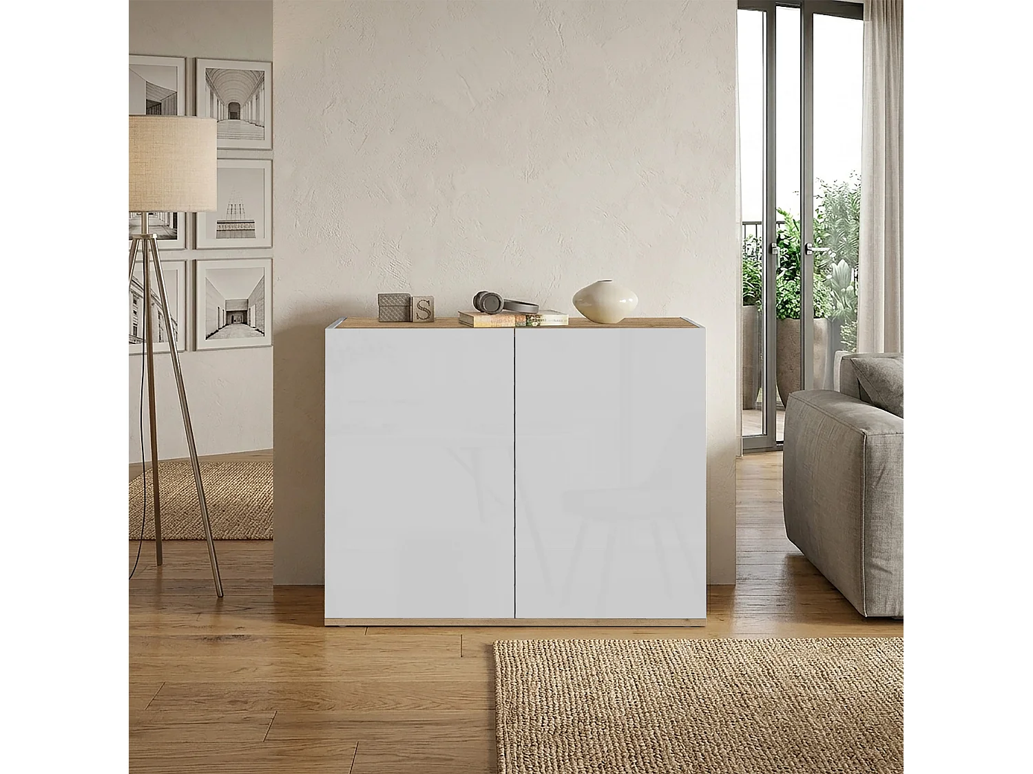 Mueble auxiliar de almacenamiento Garda con 2 puertas blanco brillo/roble 80,9x35x70 cm