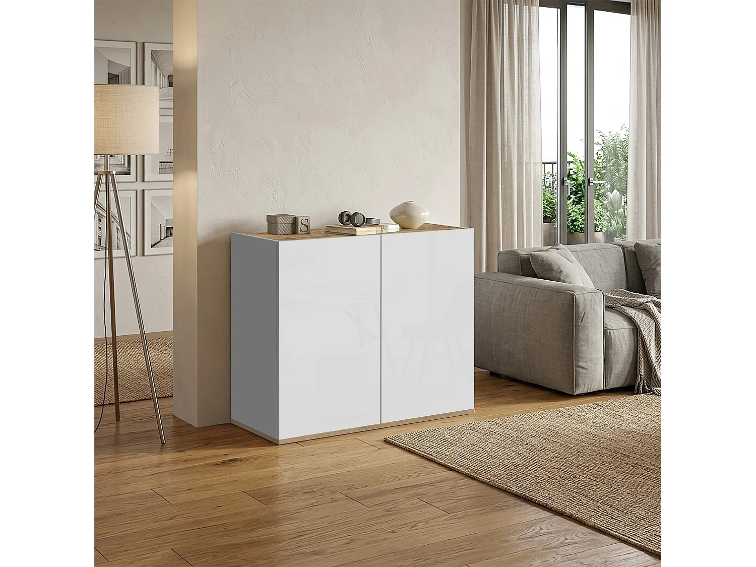 Mueble auxiliar de almacenamiento Garda con 2 puertas blanco brillo/roble 80,9x35x70 cm