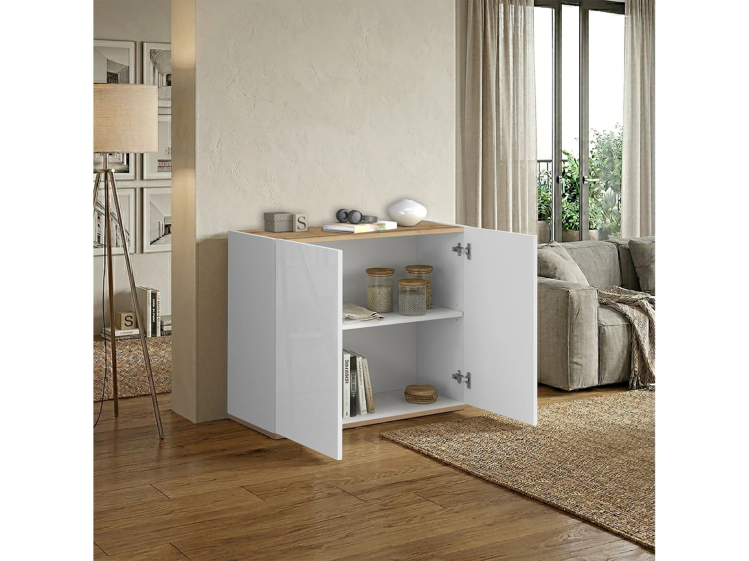 Mueble auxiliar de almacenamiento Garda con 2 puertas blanco brillo/roble 80,9x35x70 cm