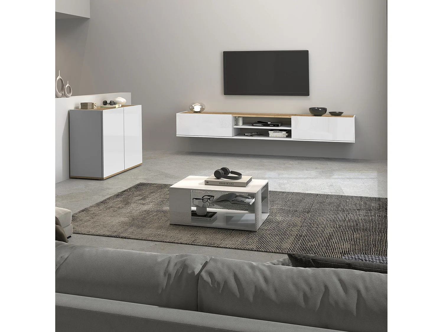 Mueble auxiliar de almacenamiento Garda con 2 puertas blanco brillo/roble 80,9x35x70 cm