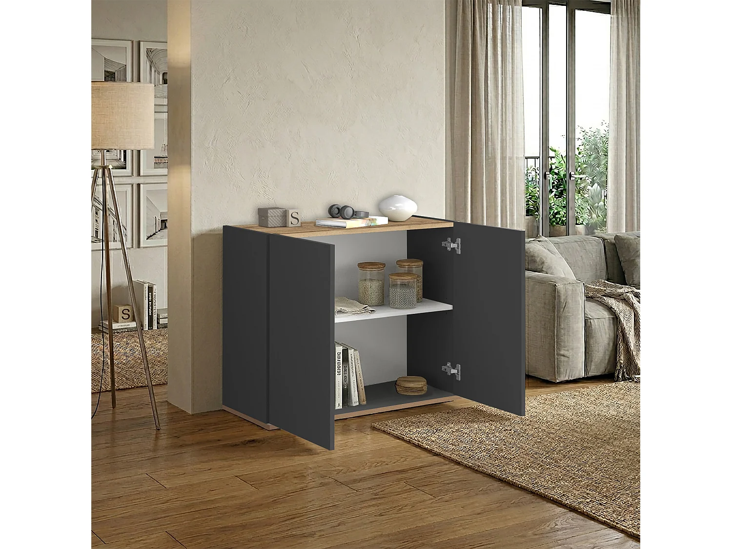 Mueble auxiliar de almacenamiento Garda con 2 puertas antracita/roble 80,9x35x70 cm