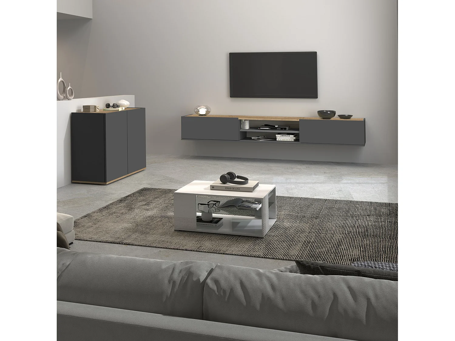Mueble auxiliar de almacenamiento Garda con 2 puertas antracita/roble 80,9x35x70 cm