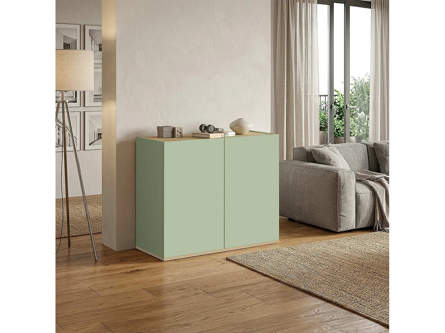 Mueble auxiliar de almacenamiento Garda con 2 puertas salvia/roble claro 80,9x35x70 cm