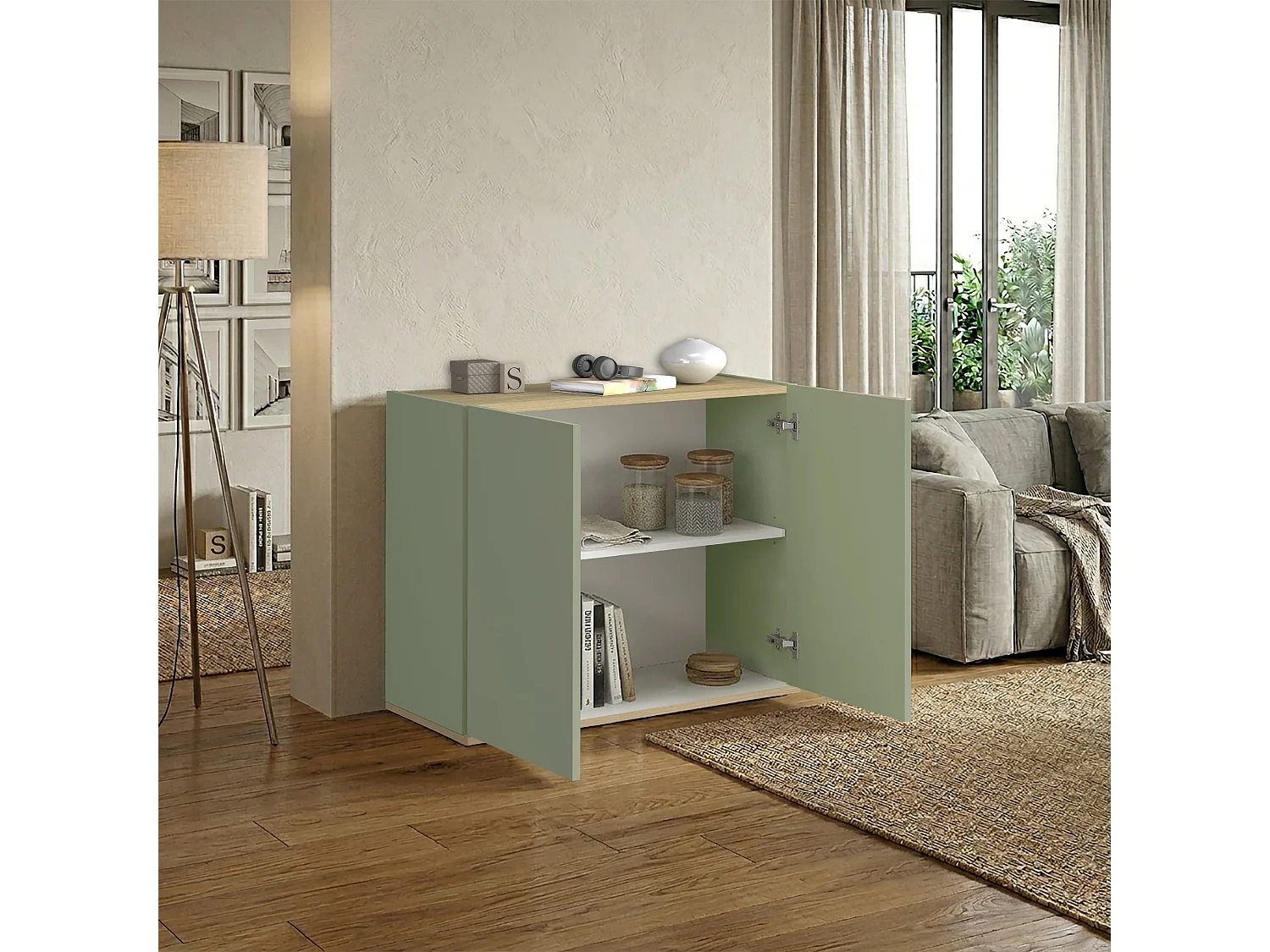 Mueble auxiliar de almacenamiento Garda con 2 puertas salvia/roble claro 80,9x35x70 cm
