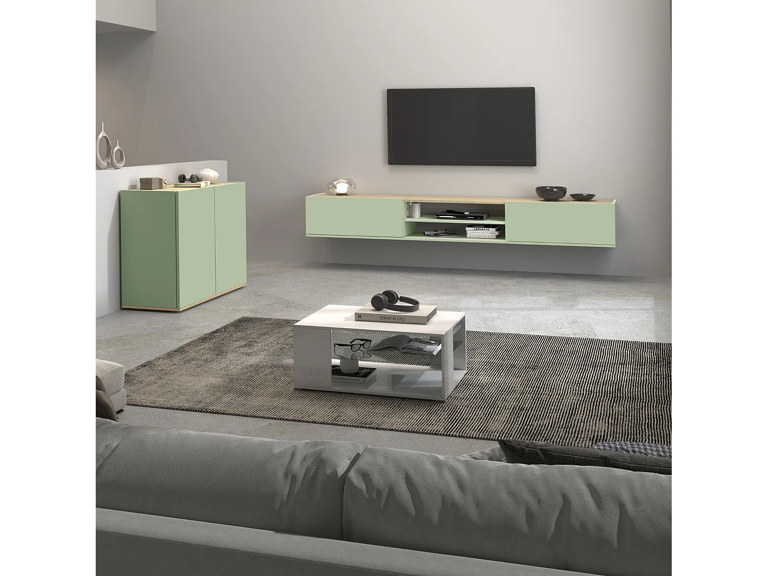 Mueble auxiliar de almacenamiento Garda con 2 puertas salvia/roble claro 80,9x35x70 cm