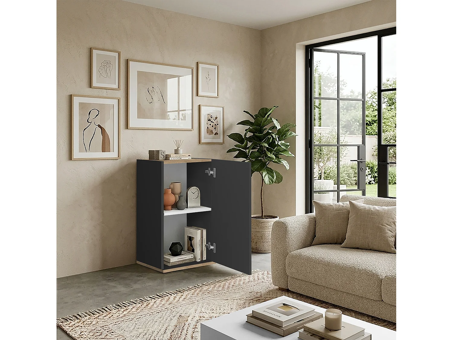 Armoire de rangement gain de place Garda avec 1 porte anthracite/chêne 40,4x35x70 cm