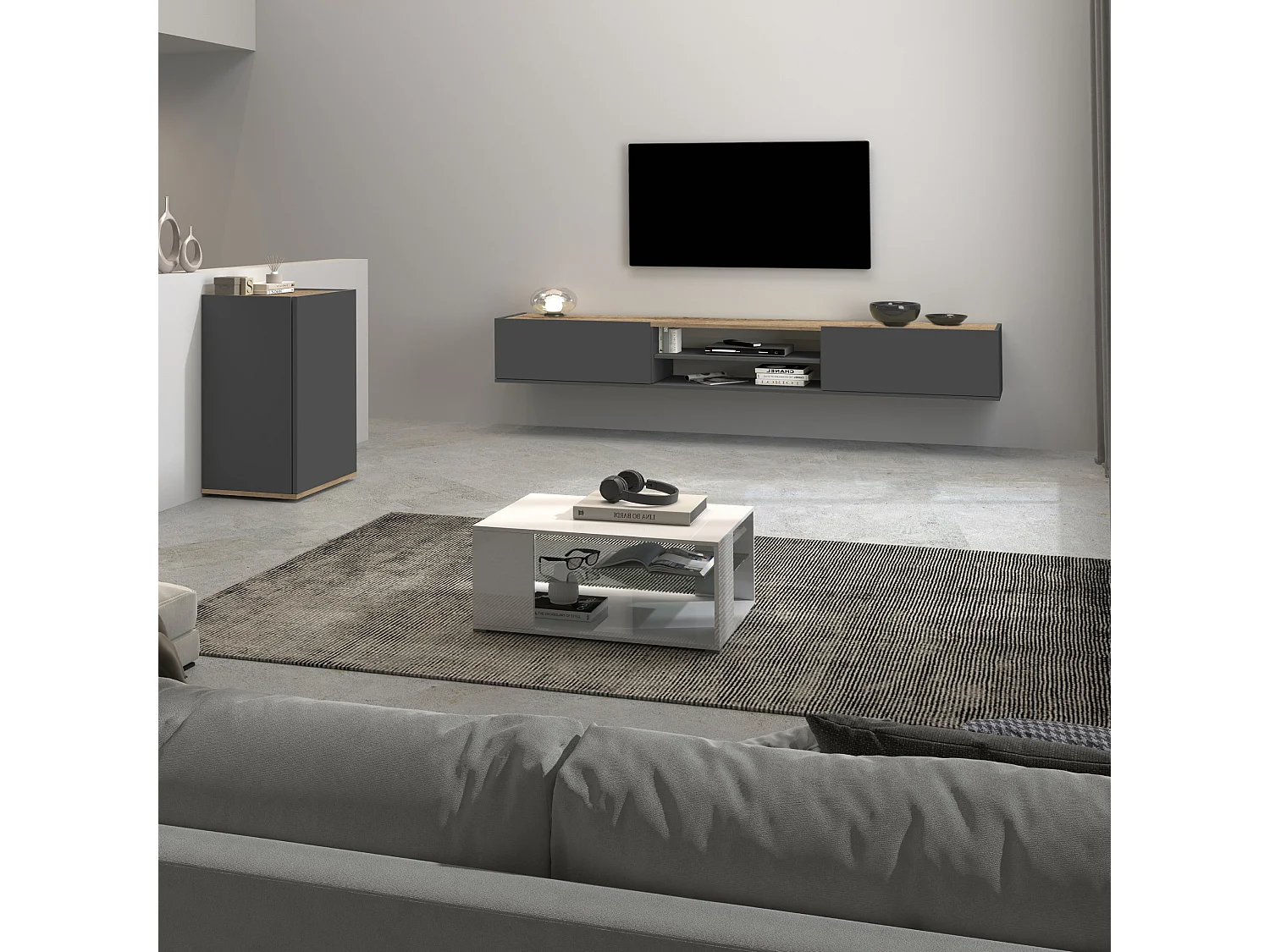 Armoire de rangement gain de place Garda avec 1 porte anthracite/chêne 40,4x35x70 cm