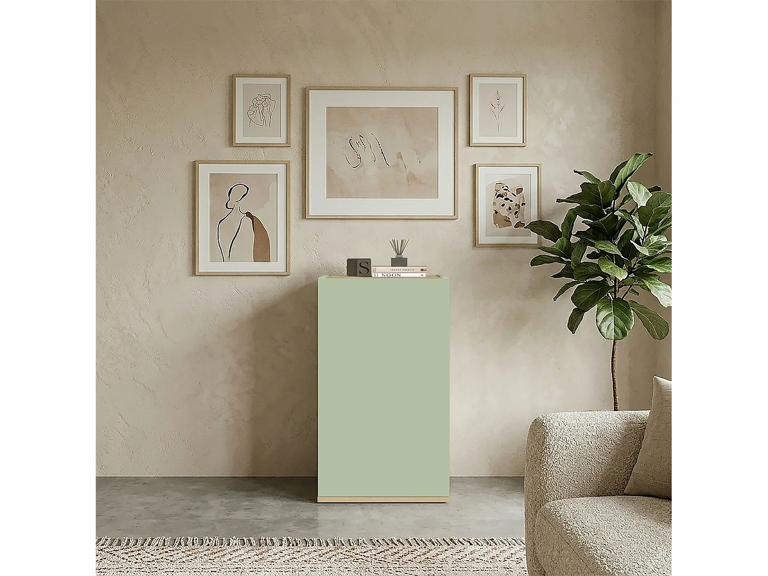 Armoire Moderne et Fonctionnelle Gain de Place avec 1 Porte Vert Sauge/Chêne Chopin 40.4x35x70 cm