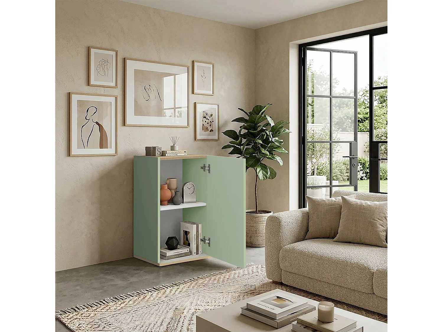 Armoire Moderne et Fonctionnelle Gain de Place avec 1 Porte Vert Sauge/Chêne Chopin 40.4x35x70 cm