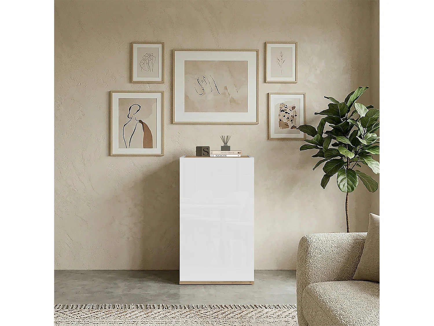 Armoire de rangement gain de place Garda avec 1 porte blanc brillant/chêne 40,4x35x70 cm