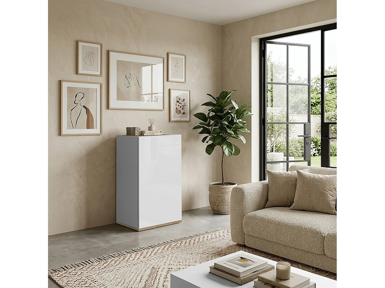Armoire de rangement gain de place Garda avec 1 porte blanc brillant/chêne 40,4x35x70 cm