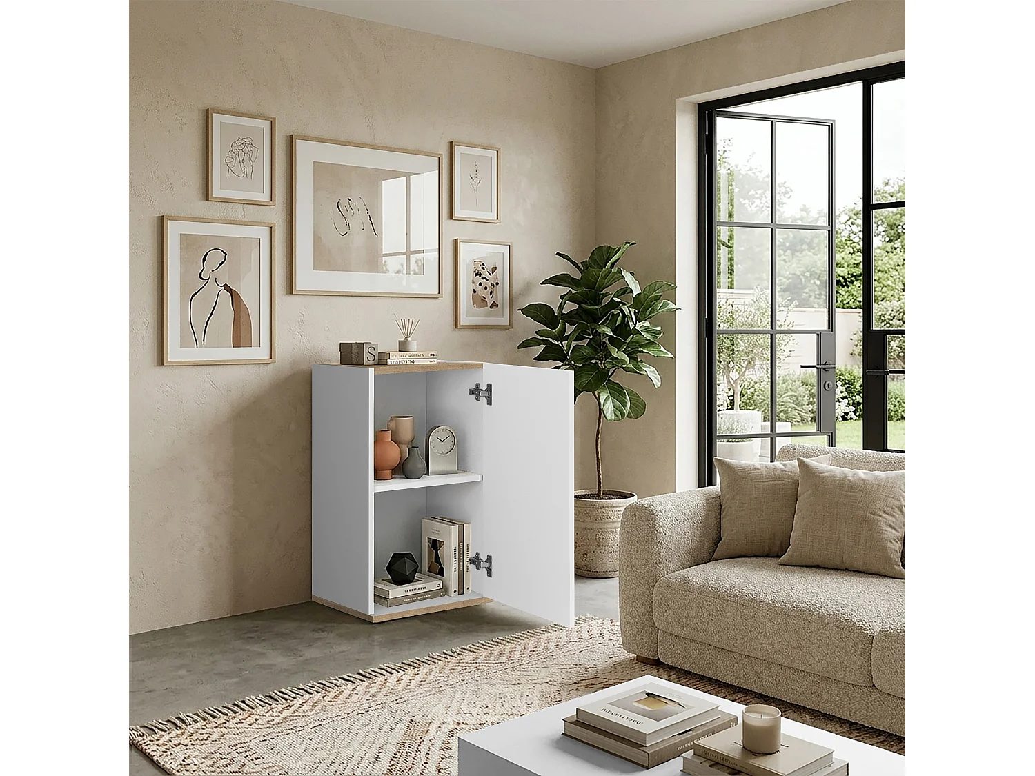 Armoire de rangement gain de place Garda avec 1 porte blanc brillant/chêne 40,4x35x70 cm