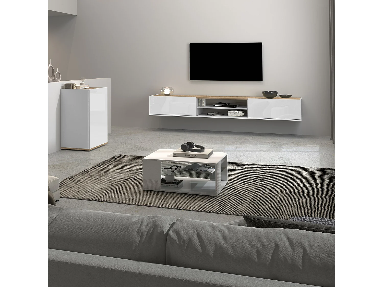 Armoire de rangement gain de place Garda avec 1 porte blanc brillant/chêne 40,4x35x70 cm