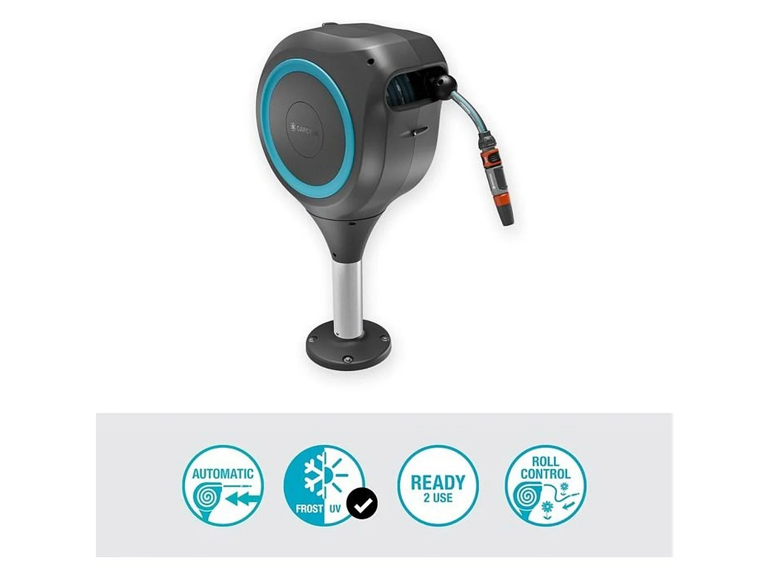 GARDENA RollUp S Automatische Slanghaspel voor Terras - Blauw - 15m Slang - Anti-Blokkering - 360° Draaibaar
