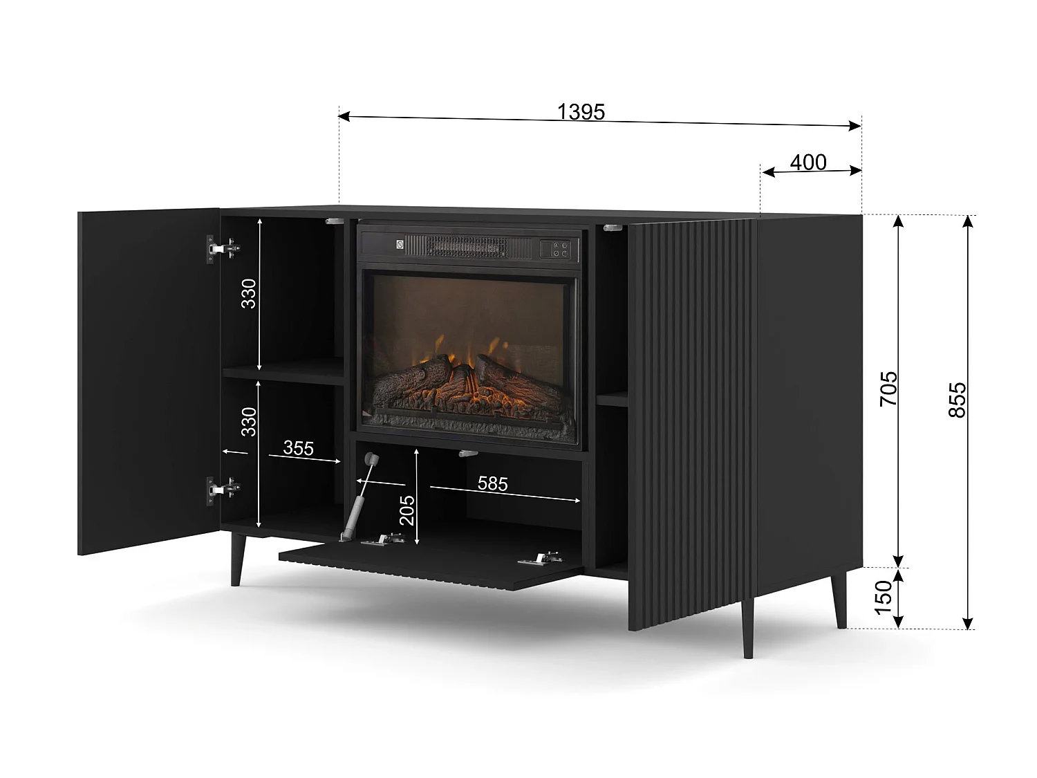 Kommode mit Elektrokamin RAVENNA B 140 cm Schwarz Matt