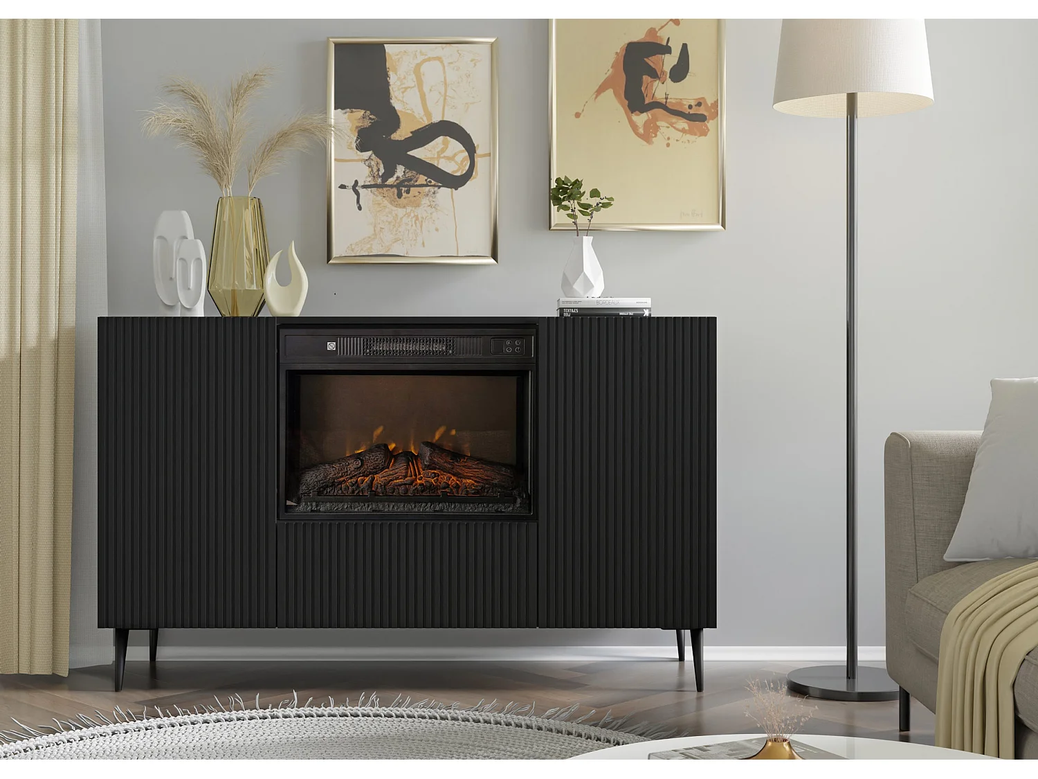 Kommode mit Elektrokamin RAVENNA B 140 cm Schwarz Matt