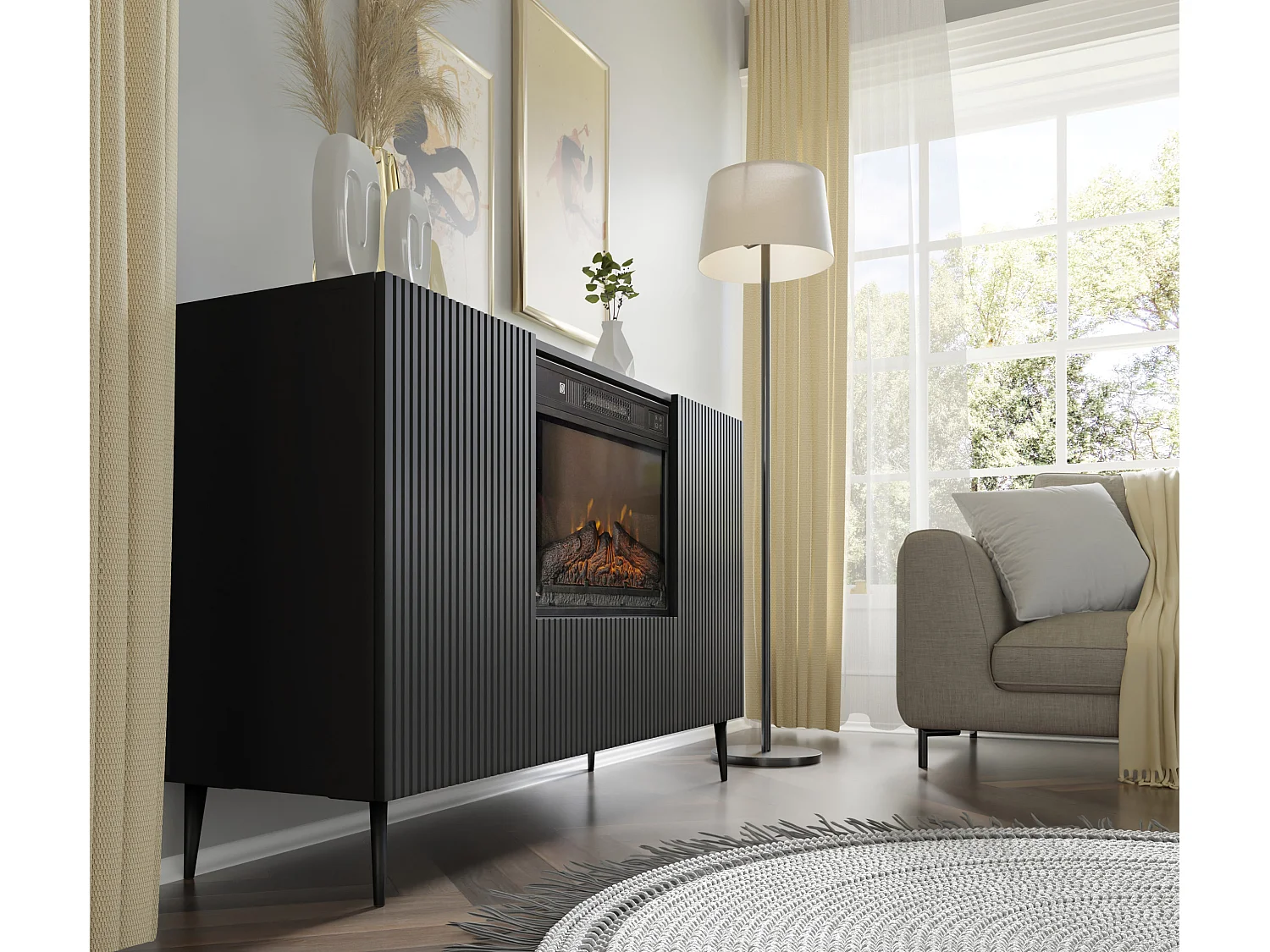 Kommode mit Elektrokamin RAVENNA B 140 cm Schwarz Matt