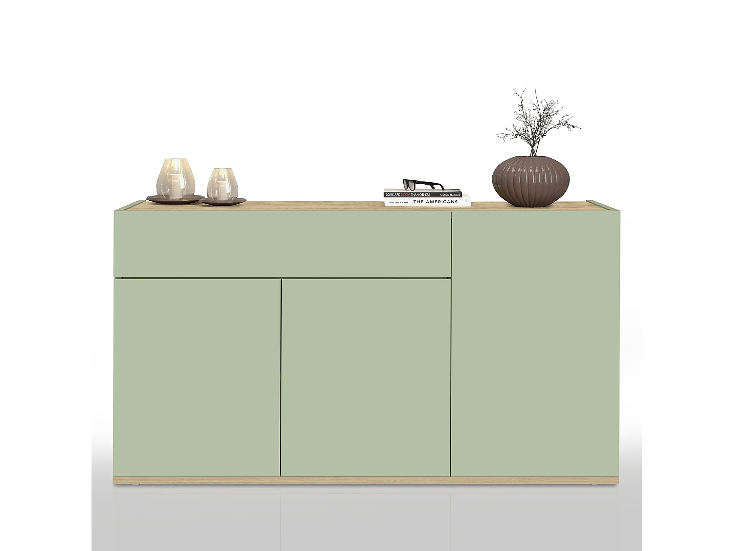 Buffet Garda avec 3 portes et 1 tiroir vert sauge et chêne clair 120,1x35x70 cm