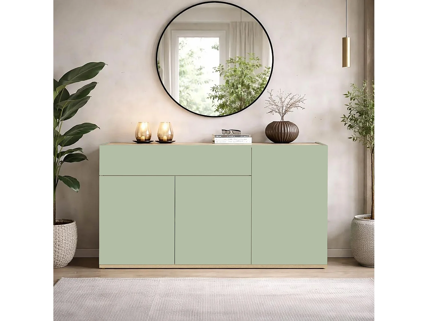 Buffet Garda avec 3 portes et 1 tiroir vert sauge et chêne clair 120,1x35x70 cm