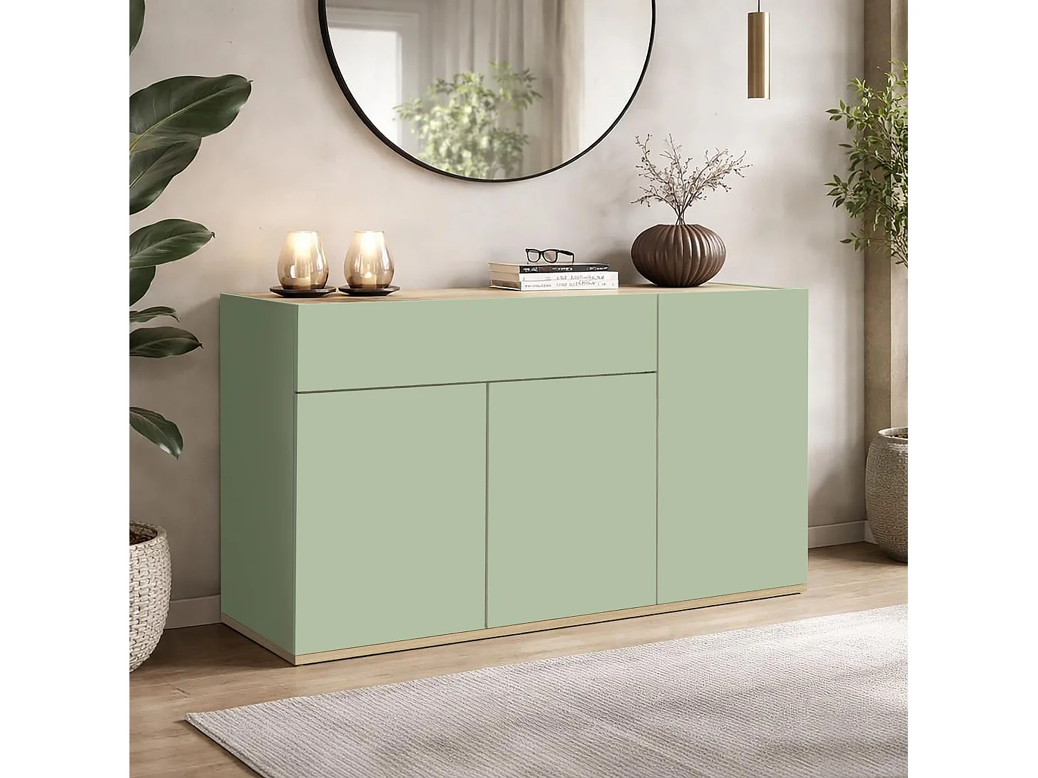 Buffet Garda avec 3 portes et 1 tiroir vert sauge et chêne clair 120,1x35x70 cm