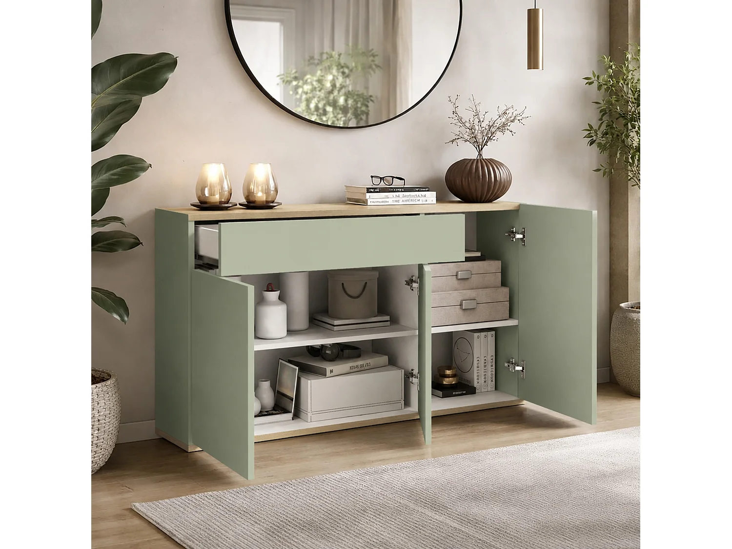Buffet Garda avec 3 portes et 1 tiroir vert sauge et chêne clair 120,1x35x70 cm