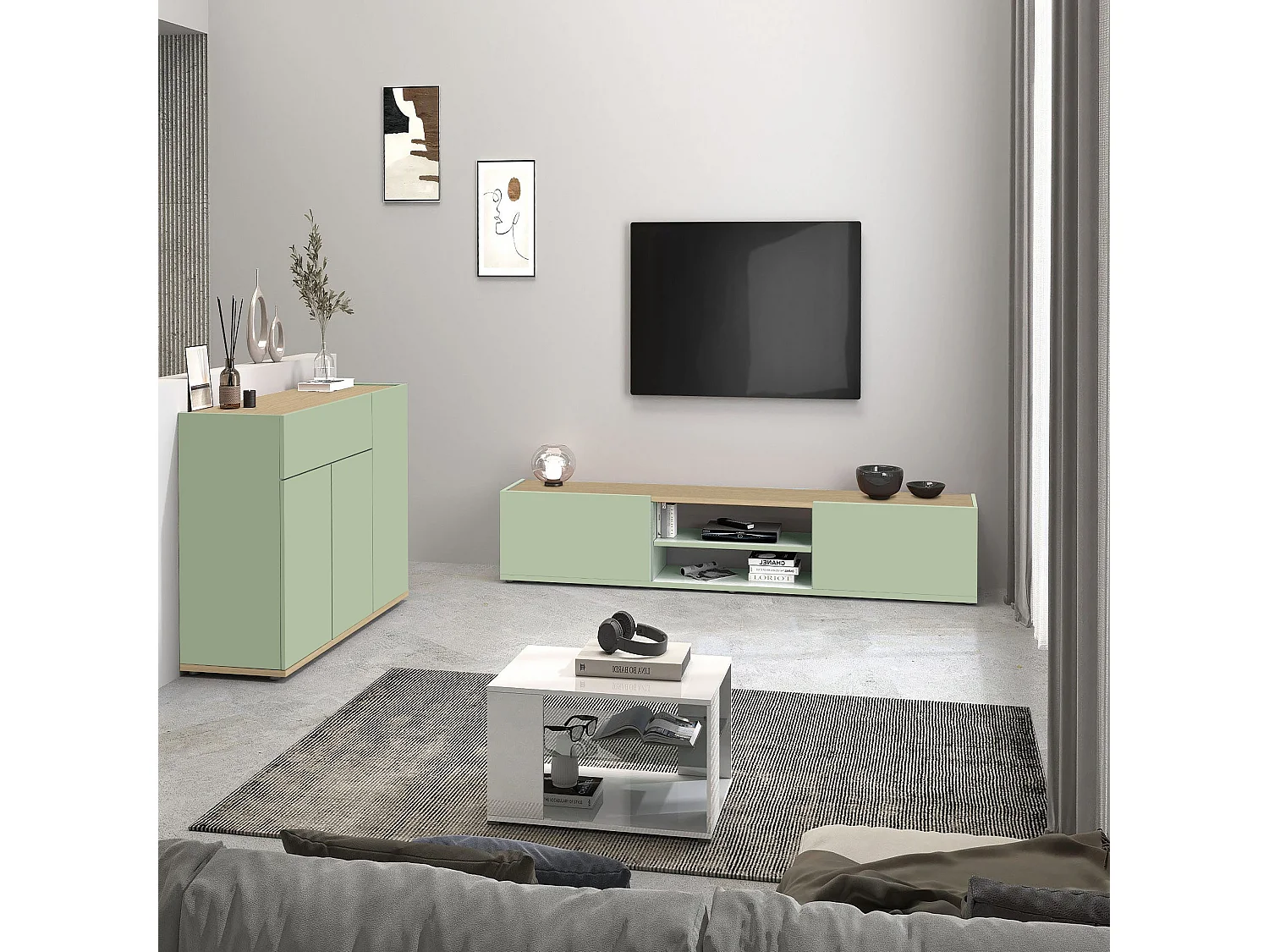 Buffet Garda avec 3 portes et 1 tiroir vert sauge et chêne clair 120,1x35x70 cm