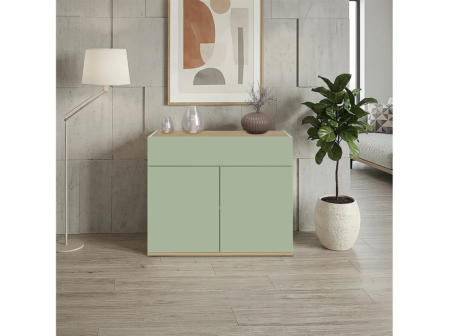 Buffet Moderne en Vert Sauge et Chêne Chopin Gain de Place avec 2 Portes et 1 Tiroir 80,9x35x70 cm