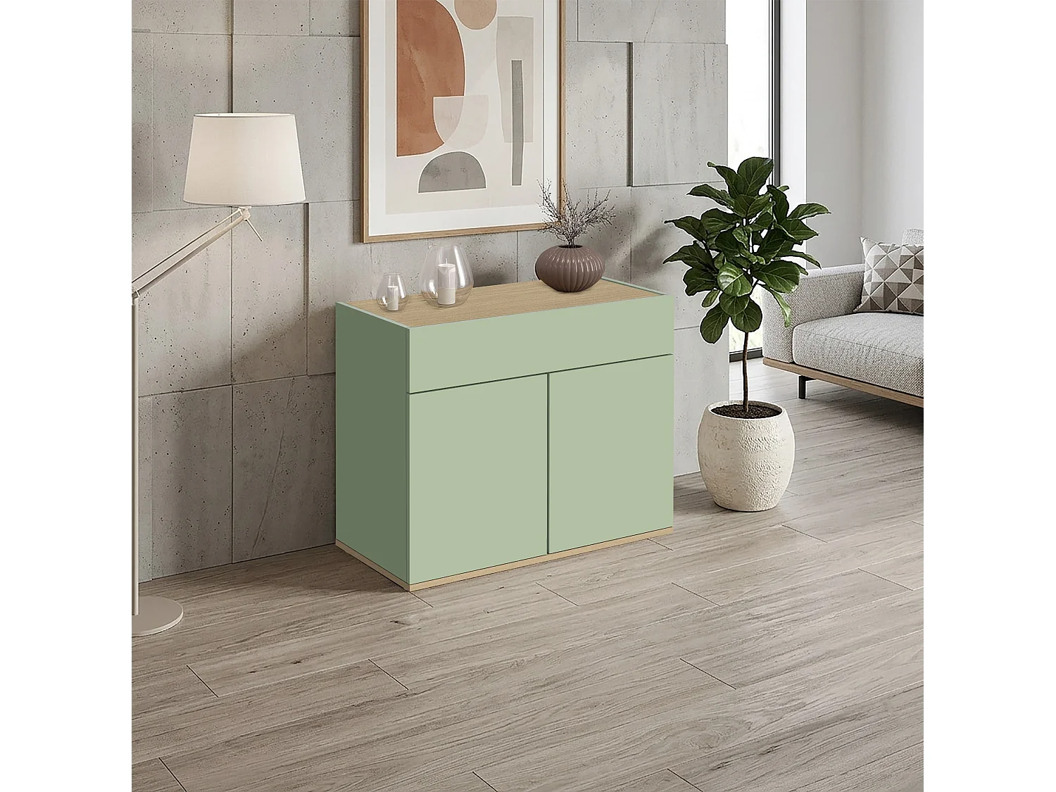 Buffet Moderne en Vert Sauge et Chêne Chopin Gain de Place avec 2 Portes et 1 Tiroir 80,9x35x70 cm