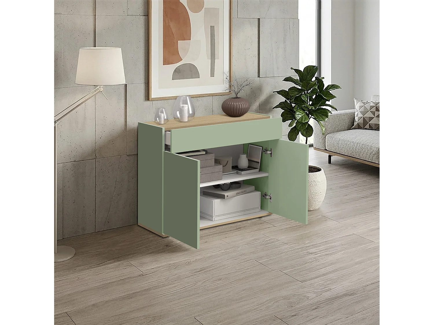 Buffet Moderne en Vert Sauge et Chêne Chopin Gain de Place avec 2 Portes et 1 Tiroir 80,9x35x70 cm