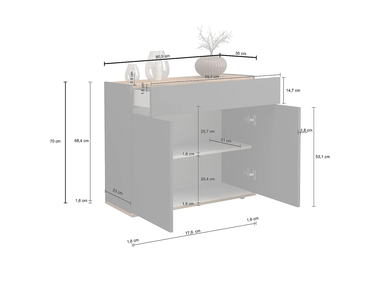 Buffet Moderne en Vert Sauge et Chêne Chopin Gain de Place avec 2 Portes et 1 Tiroir 80,9x35x70 cm