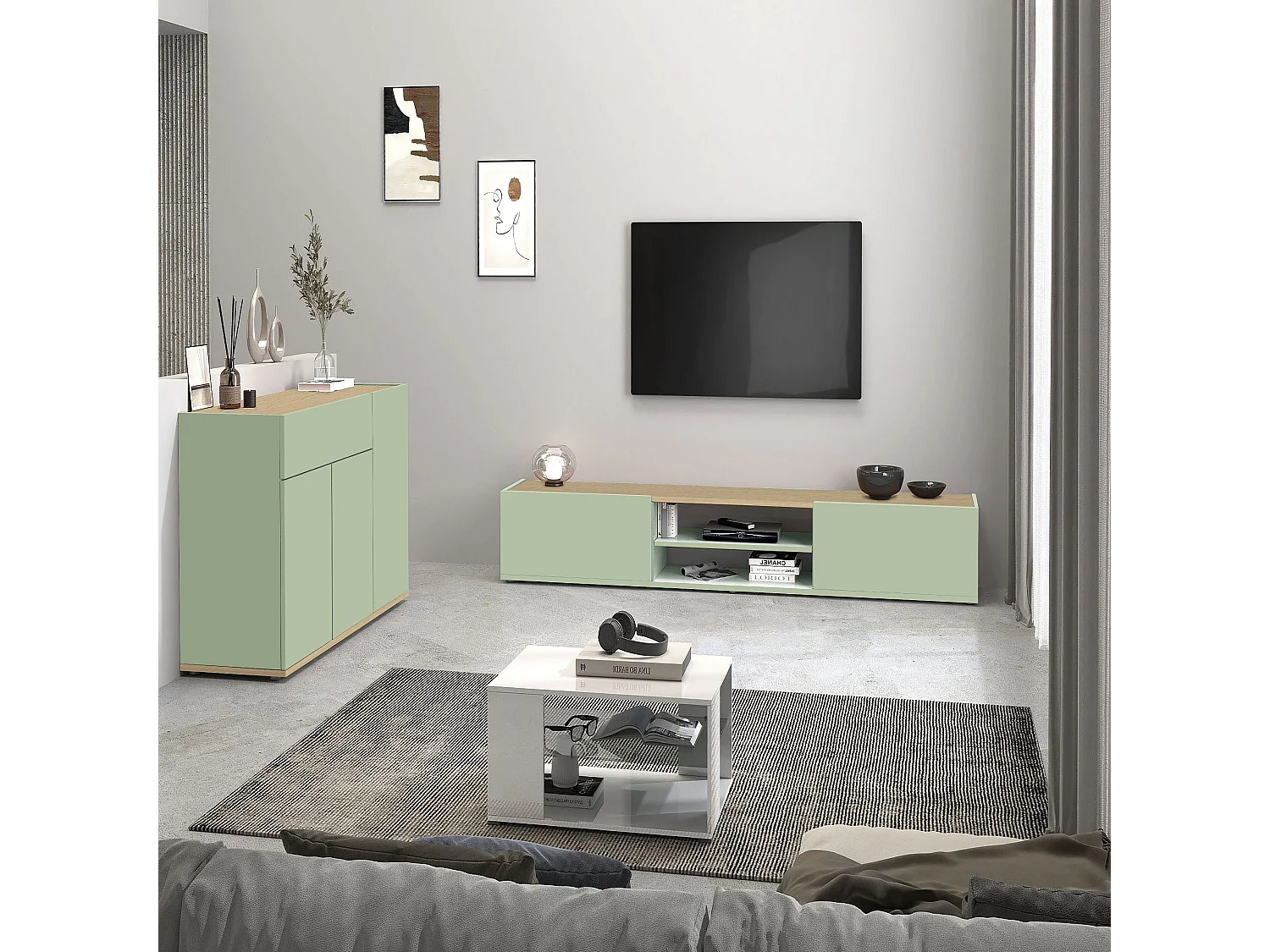 Buffet Moderne en Vert Sauge et Chêne Chopin Gain de Place avec 2 Portes et 1 Tiroir 80,9x35x70 cm