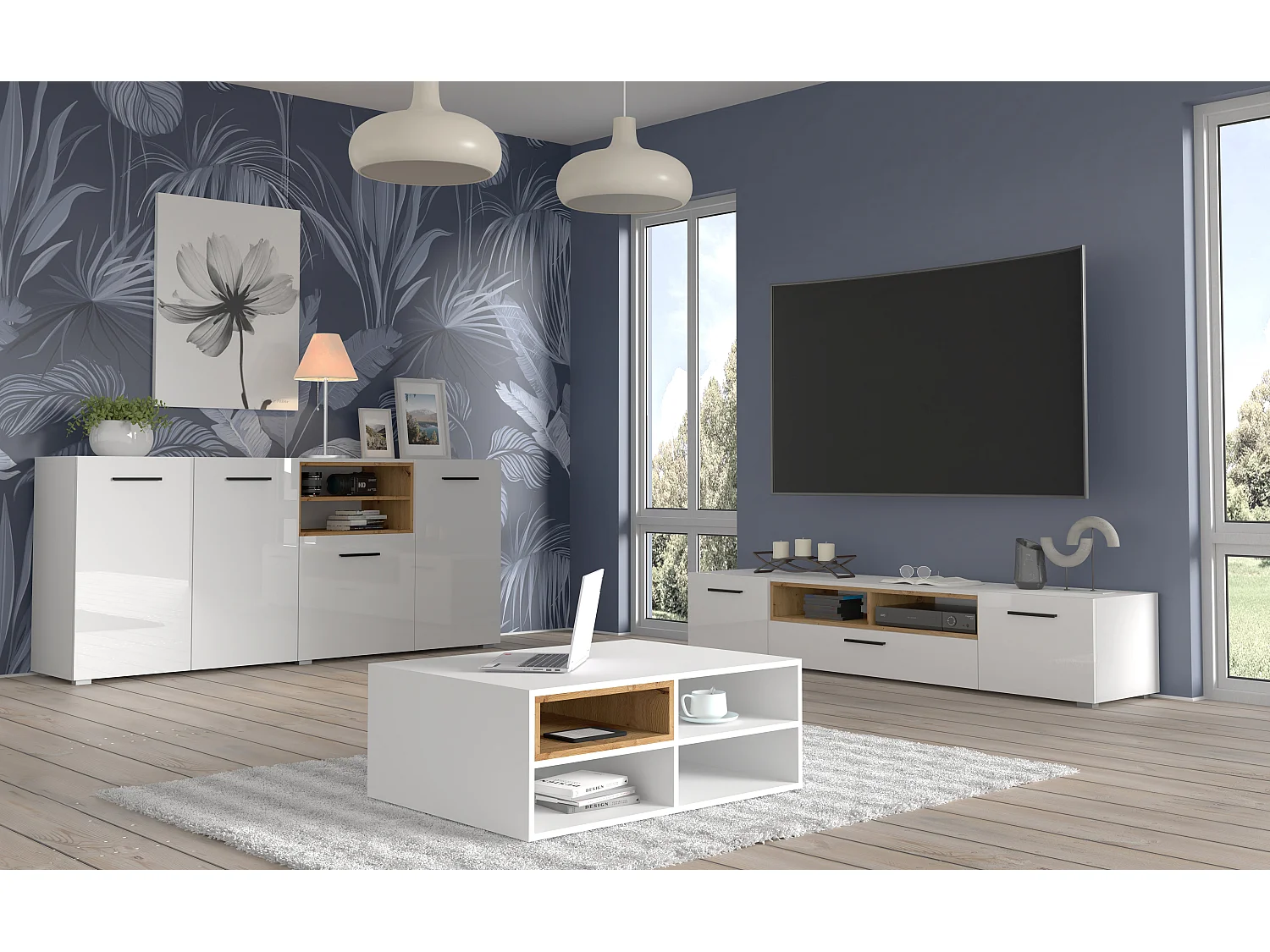 Sofabord ANETTE M 94x70 cm hvid mat og artisan eg