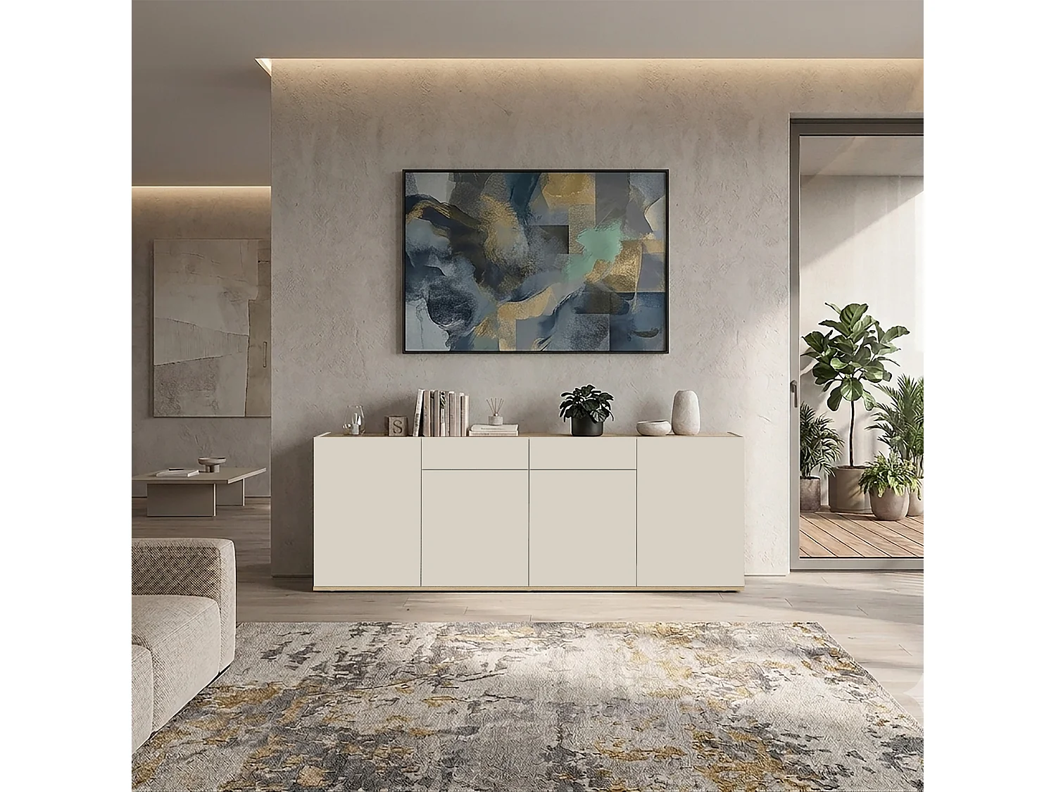 Buffet Garda avec 4 portes et 2 tiroirs cachemire et chêne clair 200x35x71 cm