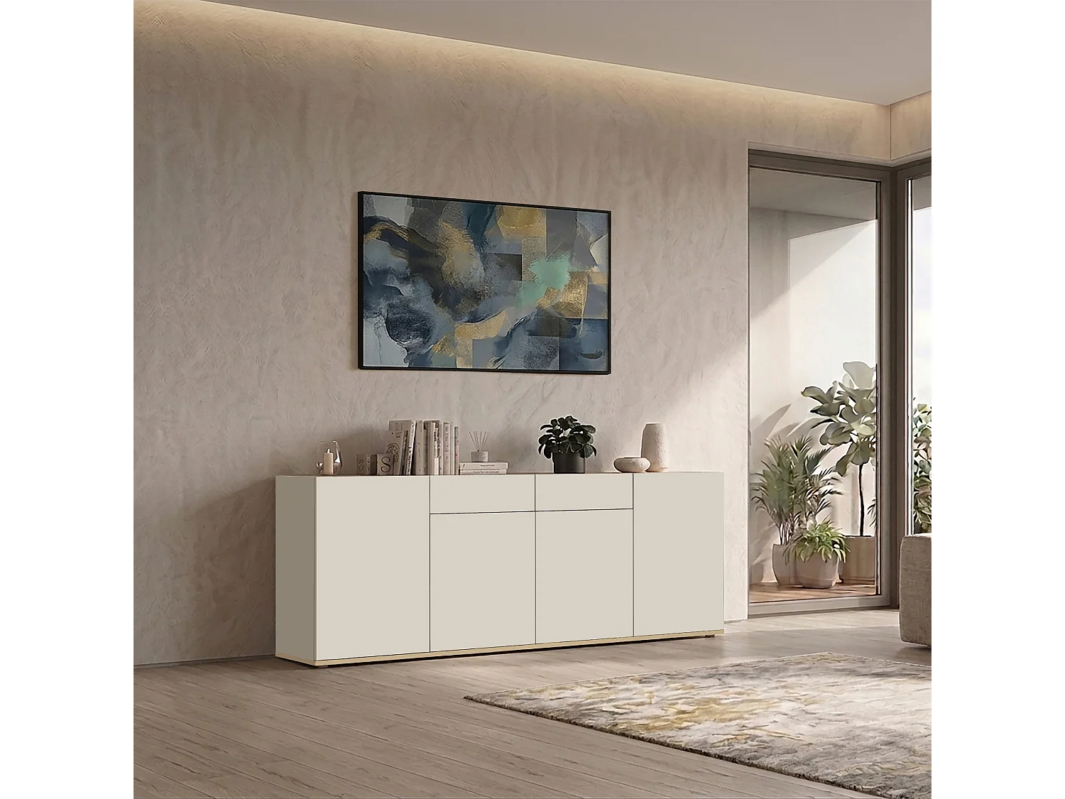 Buffet Garda avec 4 portes et 2 tiroirs cachemire et chêne clair 200x35x71 cm