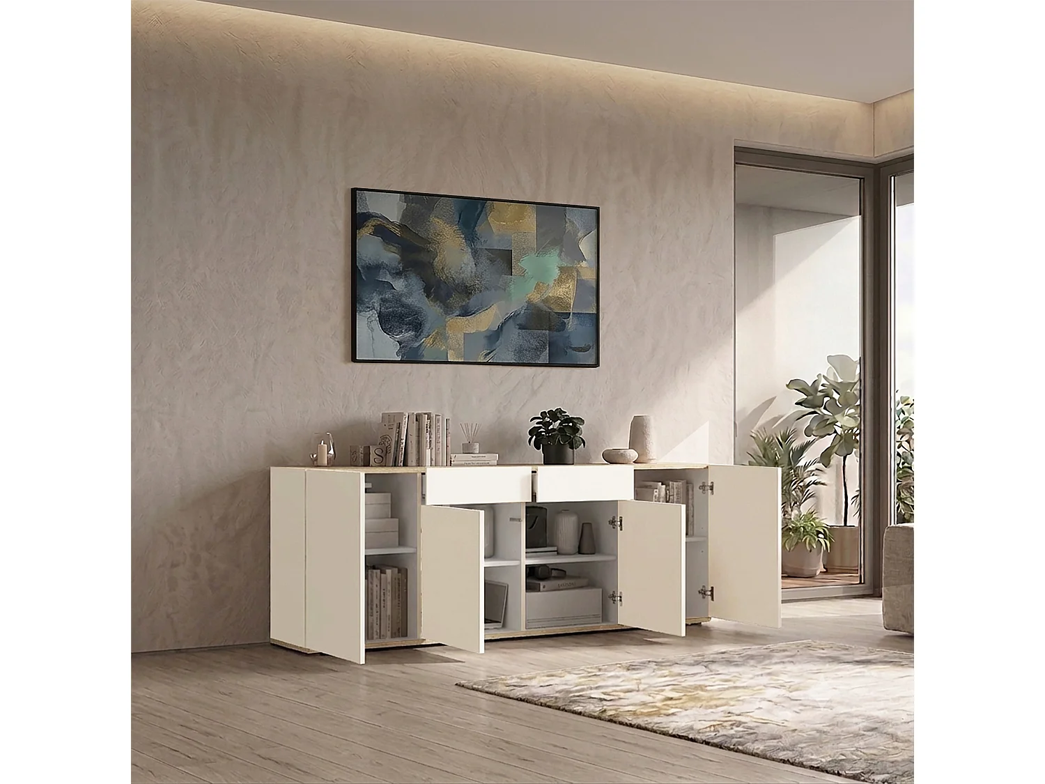 Buffet Garda avec 4 portes et 2 tiroirs cachemire et chêne clair 200x35x71 cm