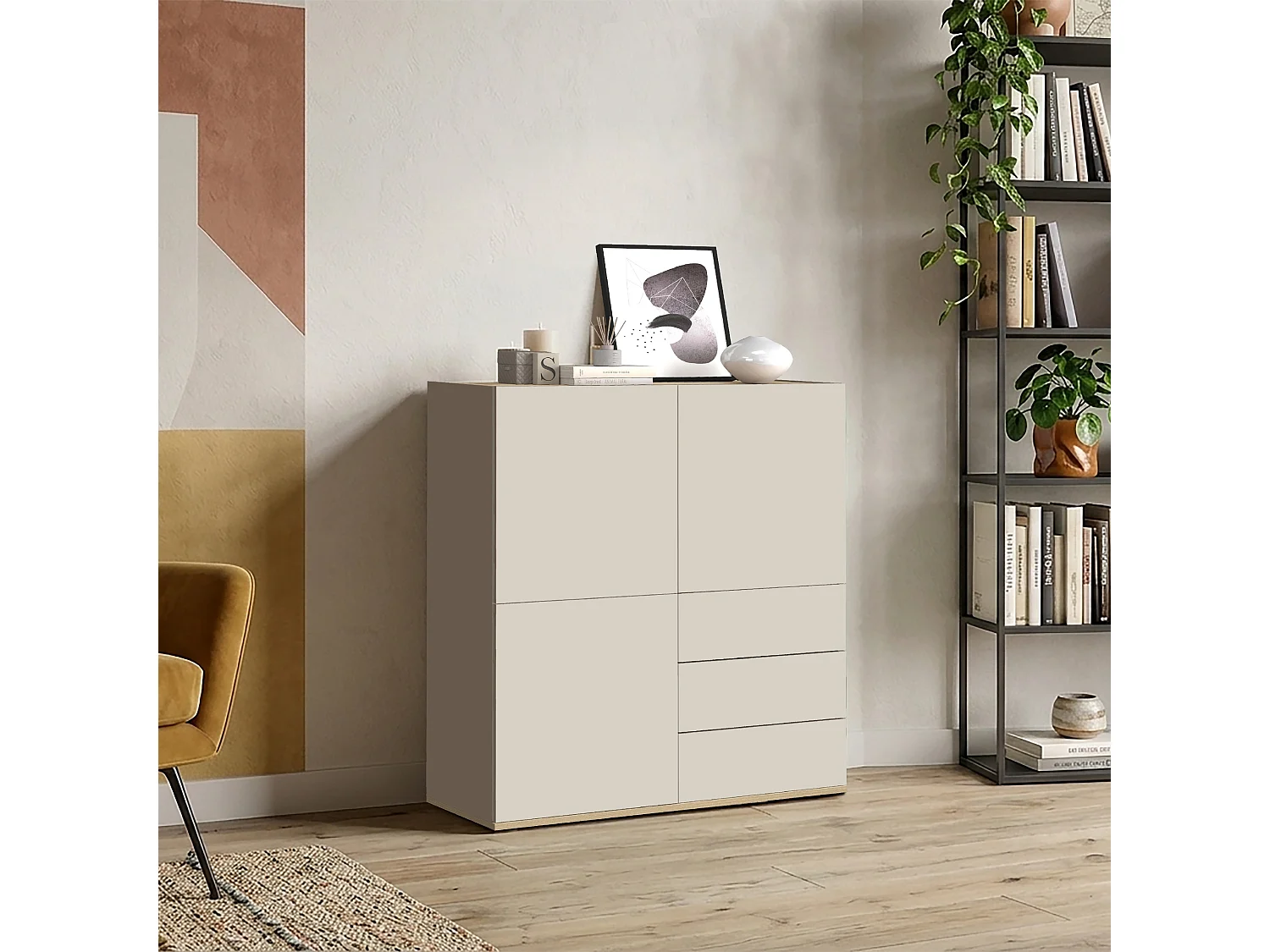 Buffet Garda avec 3 portes et 3 tiroirs cachemire et chêne clair 102x35x110 cm