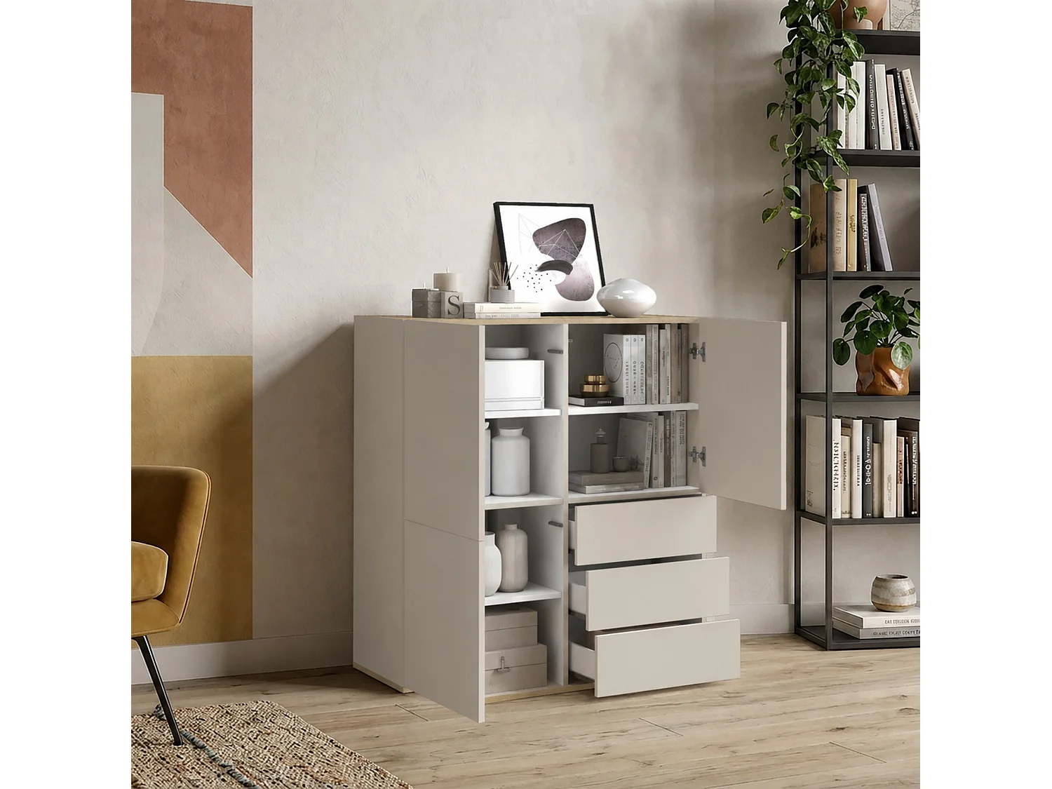 Buffet Garda avec 3 portes et 3 tiroirs cachemire et chêne clair 102x35x110 cm