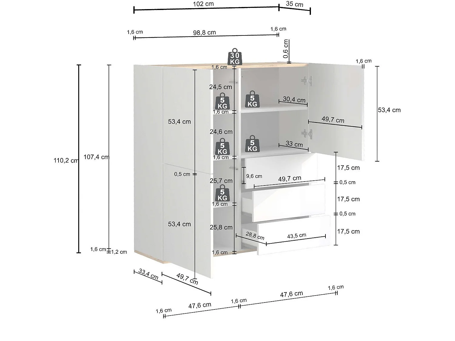 Buffet Garda avec 3 portes et 3 tiroirs cachemire et chêne clair 102x35x110 cm