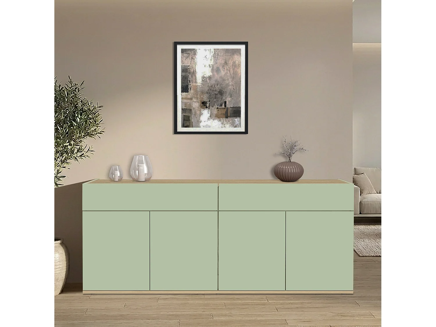 Buffet Moderne en Sauge Verte et Chêne avec 4 Portes et 2 Tiroirs 160,1x35x70 cm par GARDA