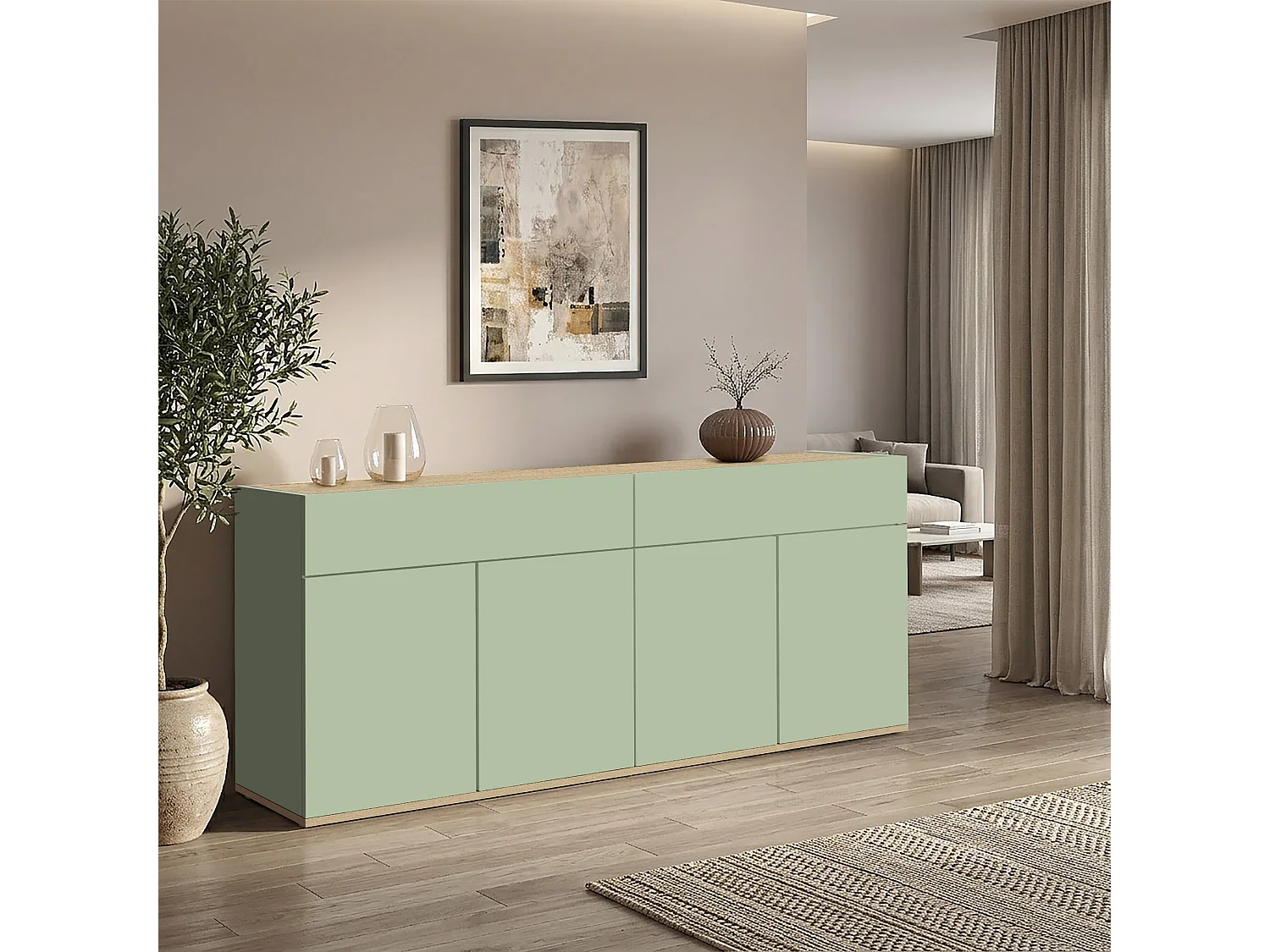 Buffet Moderne en Sauge Verte et Chêne avec 4 Portes et 2 Tiroirs 160,1x35x70 cm par GARDA
