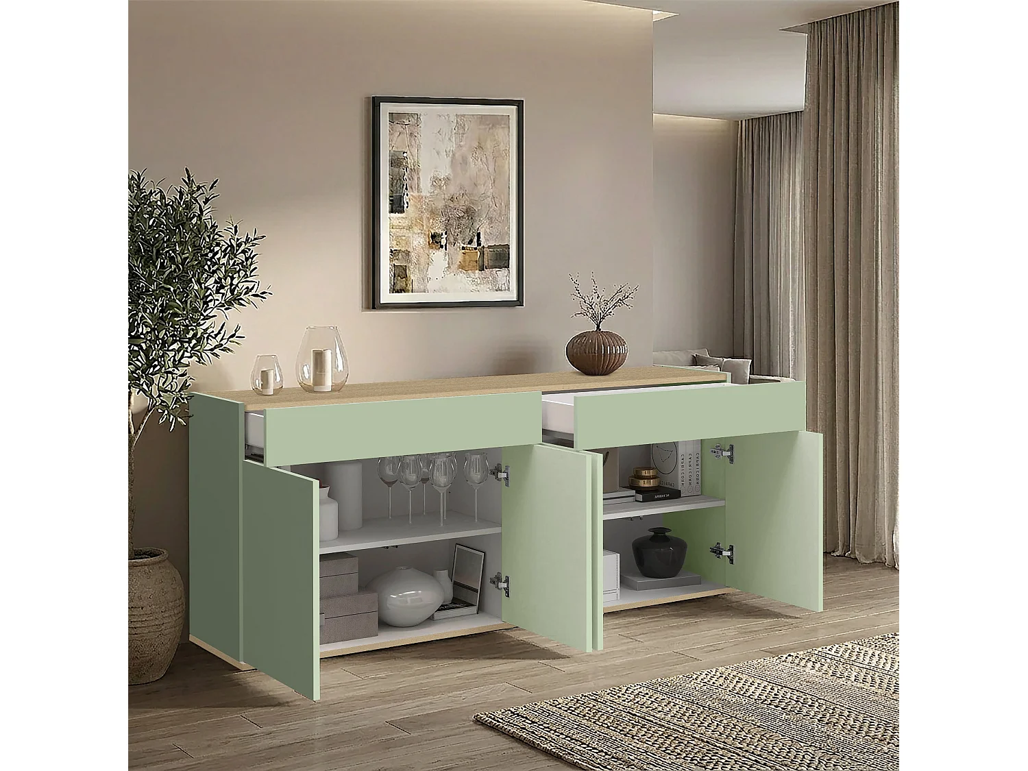 Buffet Moderne en Sauge Verte et Chêne avec 4 Portes et 2 Tiroirs 160,1x35x70 cm par GARDA