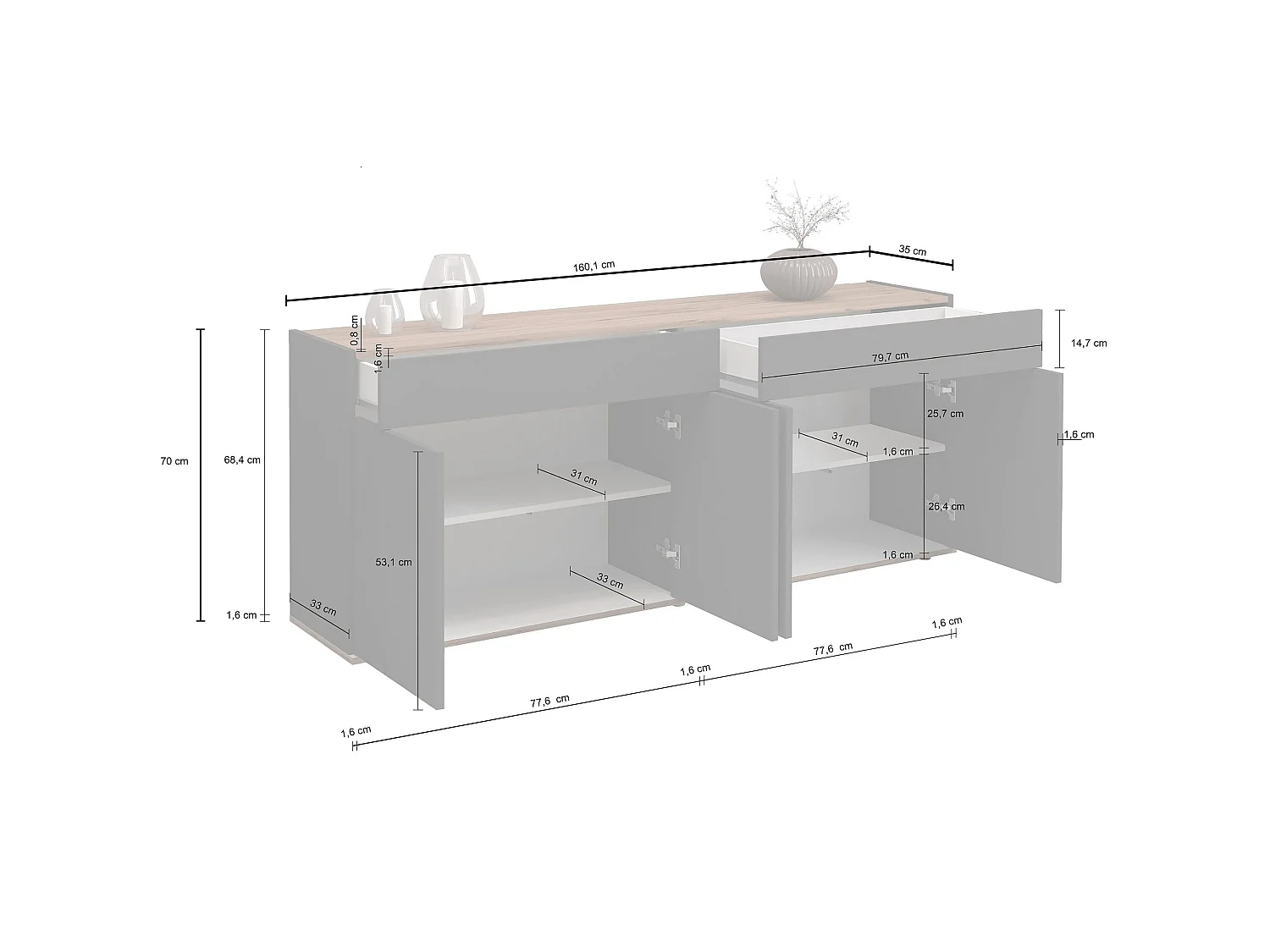 Buffet Moderne en Sauge Verte et Chêne avec 4 Portes et 2 Tiroirs 160,1x35x70 cm par GARDA