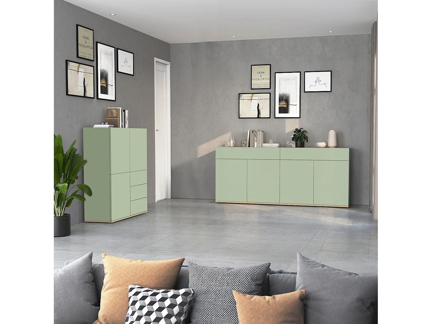 Buffet Moderne en Sauge Verte et Chêne avec 4 Portes et 2 Tiroirs 160,1x35x70 cm par GARDA