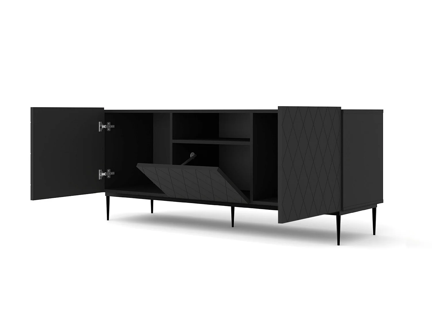 TV-Lowboard DIUNA 145 cm Schwarz matt mit schwarzem Gestell