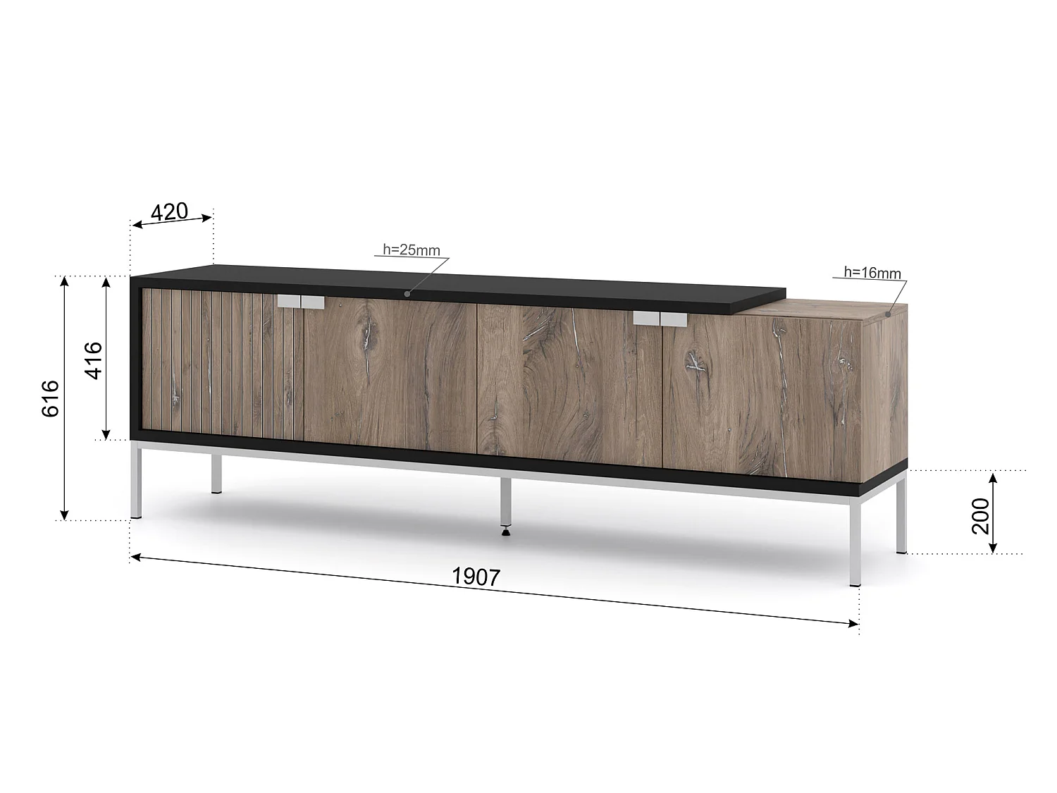 TV-Lowboard TOLEDO 190 cm Flagstaff-Eiche und Schwarz matt